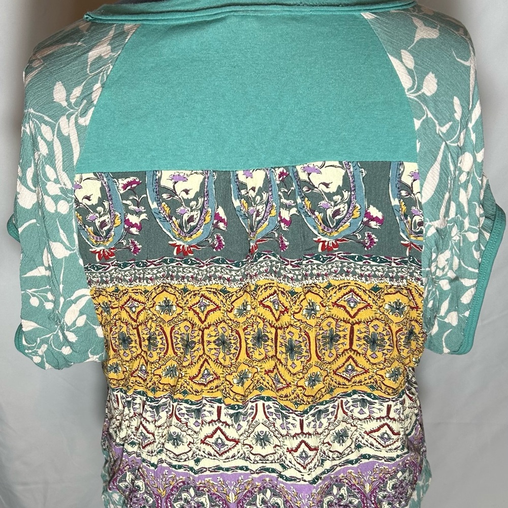 Umgee Teal Top With Multicolor Patterned Sleeves - image 3